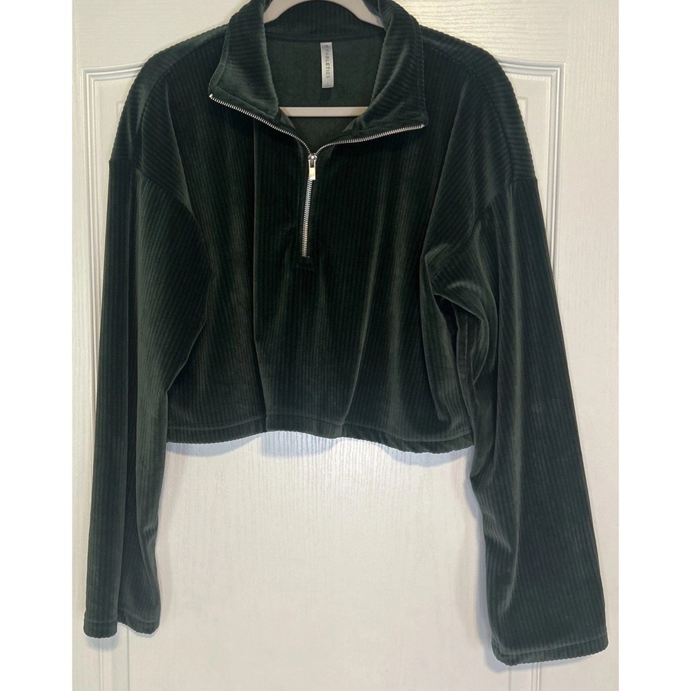 Fabletics Green Rib Corduroy Quarter Zip Cropped Pullover Women's Size L